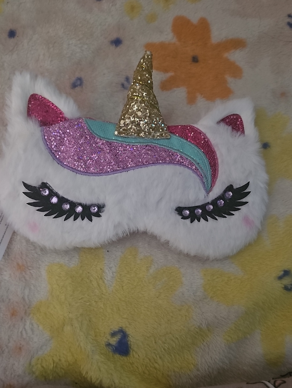 Claire's White Unicorn Eye Mask with Gold Horn and Pink Purple Teal Mane